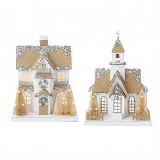 One Hundred 80 Degrees Lighted Holiday House And Church In White And Gold
