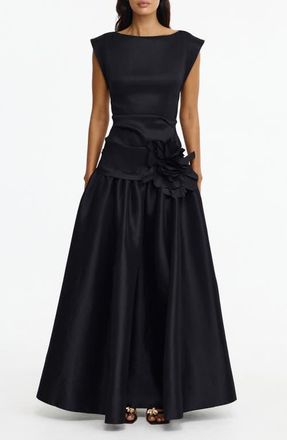 Acler Delph Ruched Floral Appliqu&eacute; Satin Drop Waist Gown in Black at Nordstrom, Size 10