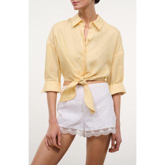 Staud Lisa Tie Front Linen Button-Up Top in Butter at Nordstrom, Size X-Small
