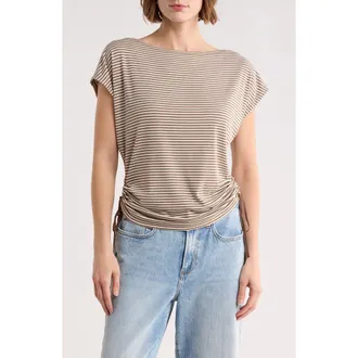 Max Studio Stripe Rib Ruched T-Shirt in Mushroom/Ecru Stripe at Nordstrom Rack, Size X-Large