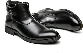 Generic Mens Flat Heel Office Dress Shoes PU Leather Short Boots with Side Zipper Round Toe Formal Boot with Buckle,Black,8.5 UK