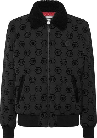 Philipp Plein Wool Aviator Bomber met Shearling Kraag Monogram - Heren - Bomber jackets - Zwart - M - Wol - Jassen