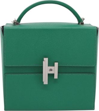 Herm&egrave;s Cinhetic Top Handle Chevre Mysore Green Leather Handbag (Pre-Owned)