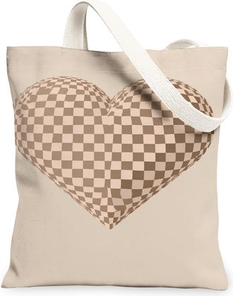 Generic Heart Pattern Canvas Tote Bags, Stylish Checkered Design Reusable Grocery Bags, Lightweight Washable Shoulder Strap Tote Fo, Beige, 13x15 Inch