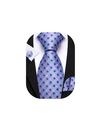 Barry.Wang Blue Pink Tie Mens Silk Plaid Necktie Pocket Square Cufflinks Sets Formal Wedding
