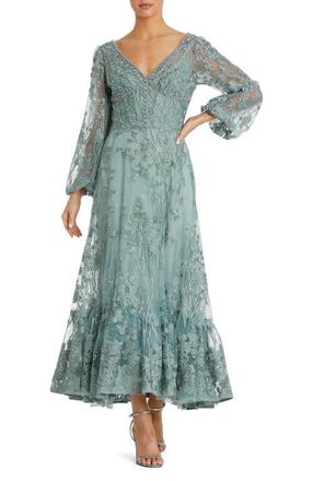 Mac Duggal V Neck Mech Puff Sleeve A Line Embellished Dress in Seafoam at Nordstrom, Size 6