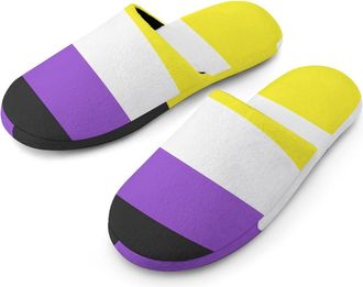 Generic Non-binary Flag Flannel Mens Slip-on Slippers Winter Warm House Shoes with Rubber Sole for Home Hotel