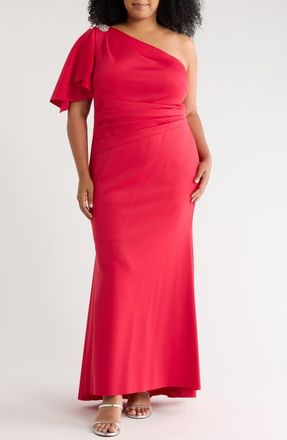Jessica Howard Cape Sleeve One Shoulder Gown in Ruby Red at Nordstrom, Size 18W