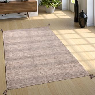 Paco Home Alfombra Natural Sal&oacute;n Con Flecos, Moderna Tejida A Mano Kilim, 100 % Algod&oacute;n 160x220 Cm, Beige - Paco Home