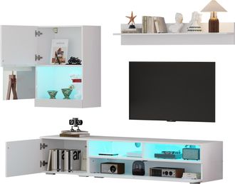 STILVORA Mueble Tv De Pared Con 3 Puertas, 2 Nichos Semiabiertos Y Led, Frentes Lacados, Para Sal&oacute;n, En Tablero De Part&iacute;culas, Blanco