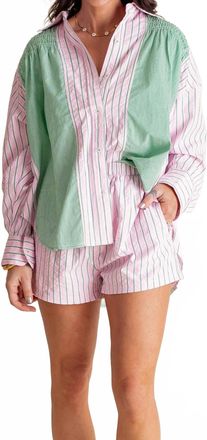 Peach Love California Short And Button Up Set In Light Pink Green