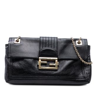 Fendi Black Leather Baguette Chain Flap Crossbody
