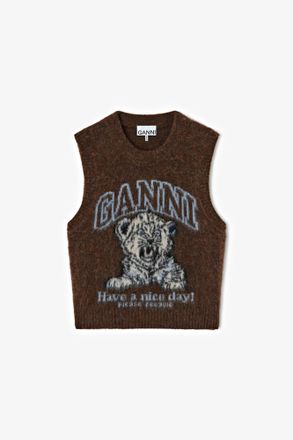 Ganni Brown Vest with Tiger - Size XXS Alpaca