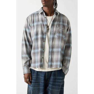 Guess Boxy Fit Plaid Crop Flannel Button-Up Shirt in Blue/Grey at Nordstrom, Size Xx-Large