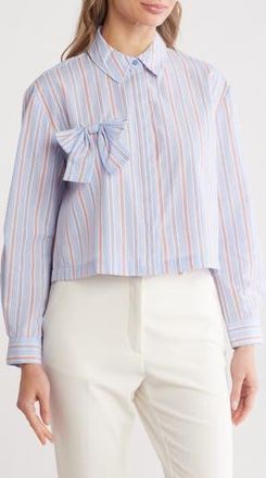 Nanette Lepore Stripe Bow Poplin Button-Up Shirt in Blue/White Stripe at Nordstrom Rack, Size X-Large