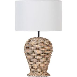 Beliani L&aacute;mpara De Mesa De Rat&aacute;n Con Pantalla De Tela Blanca Estilo Boho Natural Color Claro Furelos