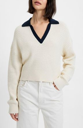 French Connection Mozart Contrast Johnny Collar Knit Top in Ecru-Marine at Nordstrom, Size X-Small