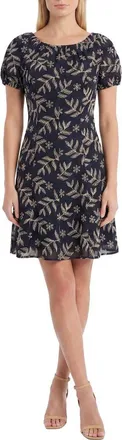 Maggy London Embroidered Fit & Flare Minidress in Black/linen at Nordstrom, Size 14