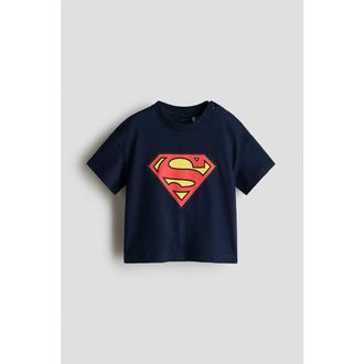H&M Printed Cotton T-shirt in Navy Blue/superman at Nordstrom, Size 18M