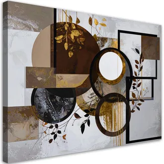 Feeby Stampe Su Tela, Astrazione Geometrica Di Cerchi E Foglie In Marrone, 120x80