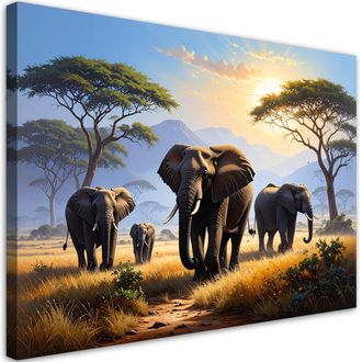 Feeby Cuadro En Lienzo Elefantes Africanos Sabana Animales 100x70