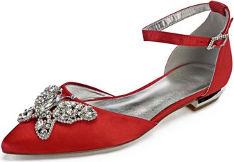 Generic Women Satin Wedding Flats Shoes Pointed Toe Prom Evening Bridal Party Dress Flats 2Cm,red,10 UK
