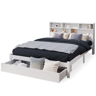 STILVORA Cama Con Cajones 140 X 200 Cm De Madera Maciza, Cama Doble Con 2 Cajones Y 6 Compartimentos, Sin Colch&oacute;n, Blanco