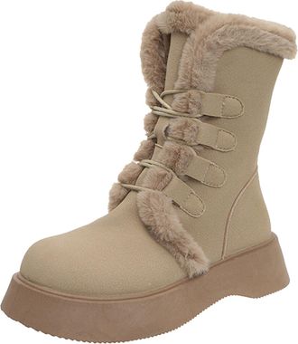 Generic Ladies Snow Boots Ladies Black Boots Womens Winter Tie Down Mid Tube Booties High Plus Velvet Thickened Warm Casual Fashion Versatile Thick Edged Cott