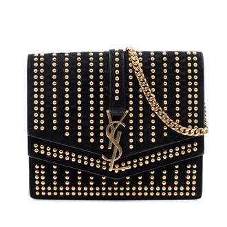Saint Laurent Pre-owned Womens Medium Studded Suede Monogram Sulpice Crossbody - Black Leather - One Size