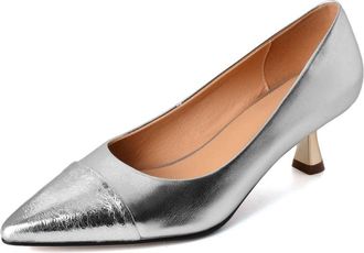 TinaCus Womens Genuine Leather Handmade Cap-Toe Mid Kitten Heel Stylish Pumps Shoes, Silver, 7 UK