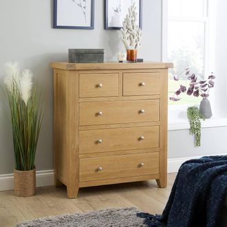 Home Source Industries Solid Wooden Storage Chest 5 Drawer Bedroom Clothing Storage Organiser in Light Oak