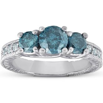 Pompeii3 1 1/2 Ct Three Stone Vintage Blue Diamond Engagement Ring 14k White Gold Antique