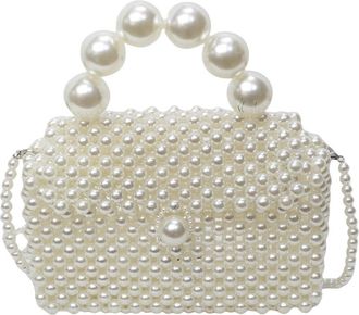 Generic Pearl Evening Bag Handmade Woven Women Shoulder Bag Solid Crossbody Bag Clutch Purse Wedding Party Dinner Bag (Beige)