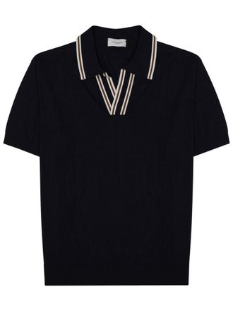 Paolo Pecora Navy Silk-Cotton Polo Shirt With Striped Accents