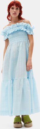 Ganni Sleeveless/Straps Seersucker Check Smock Maxi Dress in Ice Water Size 14 Elastane/Nylon/Organic Cotton Womens