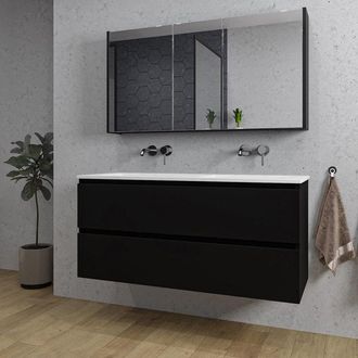 Saniclass Chaci Badkamermeubelset - 120x46x55cm - keramische wastafel wit - 2 wasbakken - zonder kraangaten - 2 lades - spiegelkast - mat zwart