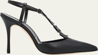 Manolo Blahnik 105mm Maurata Leather Bow T-Strap Pumps