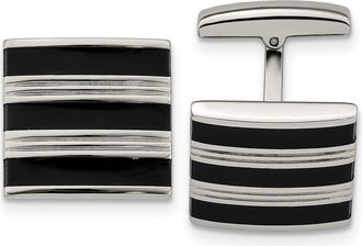 Diamond2Deal Stainless Steel Polished Grooved Black Rubber Stripes Cufflinks