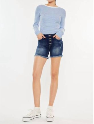 Kancan Mid Rise Button Up Denim Shorts In Dark Wash