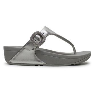 FitFlop Lulu Crystal Buckle Toe Post Leather Womens Comfort Sandals - Silver - Size:UK 7