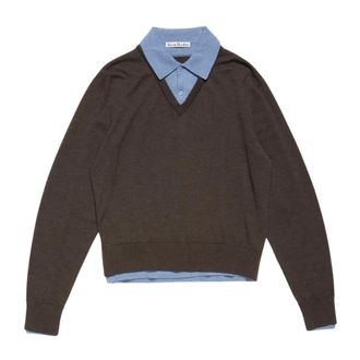 Acne Studios V-neck Knitwear, female, Brown, Size: S Layered Wool Knit