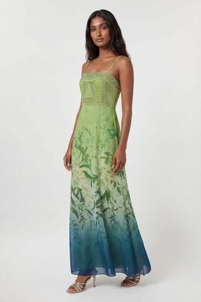 Karen Millen Womens Embellished Ombre Floral Pleated Woven Bandeau Maxi Dress - Green - Size 14 UK