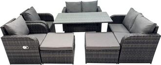 Fimous 8 Seat Outdoor Wicker pe Rattan Garden Furniture Set Dining Table Sofa Sets with 2 Big Stools Dark Grey Mixed - Fimous
