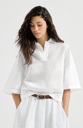 Brunello Cucinelli Cotton organza broderie anglaise cropped polo in White at Nordstrom, Size X-Large