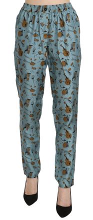 Dolce & Gabbana Womens Musical Instruments Print Trousers - Light Blue Silk - Size EU 32 (Womens)