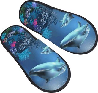 Generic Non-Slip House Slipper Sea Ocean Dolphin Coral Fluffy Slipper Comfortable Womens Slippers for Winter Indoor Guest M