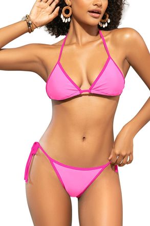 SHEKINI Womens Sexy Bikini Sets Color Block Triangle String Halter Padded Two Piece Swimsuit Tie-Side Cheeky Ruched Bottom Adjustable Bathing Suit Swimwear, P