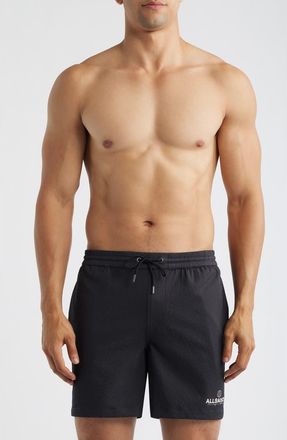 AllSaints Emblem Swim Trunks in Washed Black at Nordstrom, Size Xx-Large