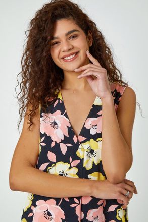 Roman Sleeveless V-Neck Floral Pleat Front Top