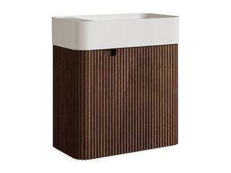 Vente-Unique Mueble con lavabo suspendido estriado de madera de fresno con lavabo de resina blanco mate - Natural oscuro - 45 x 25 x 48 cm - JONSA
